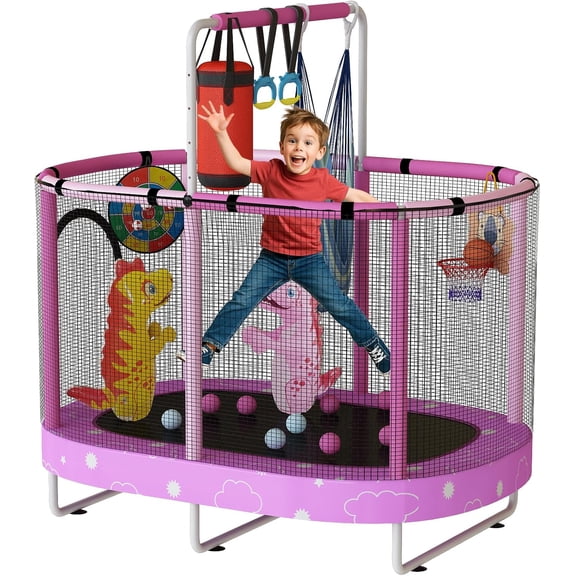 Baxluxe 60" Kids Trampoline 7-in-1, Elliptic Toddler Trampoline with Safety Enclosure Net, Mini Bouncer with Swing for Age 3-8