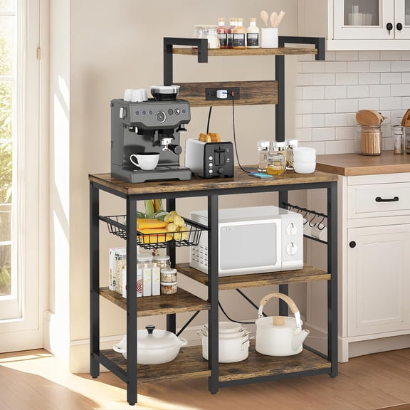 Baxluxe Bakers Rack with Power Outlets & USB-C, 3-Tier Kitchen Organizer with Charging Station, Microwave Stand & Coffee Bar Cabinet with S-Hooks, Rustic Brown for Small Kitchen & Dining