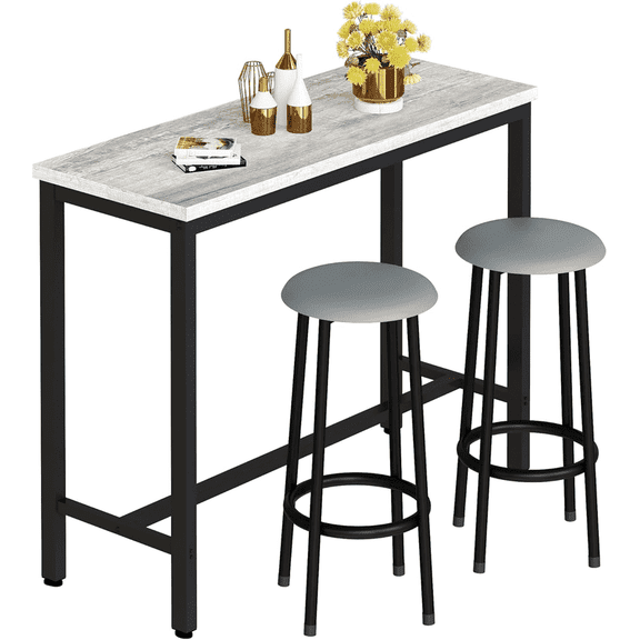 Baxluxe Bar Dining Table Set for 2, 39.3 Inch Rectangle Bar Table Set with 2 Leather Bar Stools, Counter Height Wooden Kitchen Table and Chairs Set, 3 Pieces Pub Table Set for Breakfast Nook, Gray