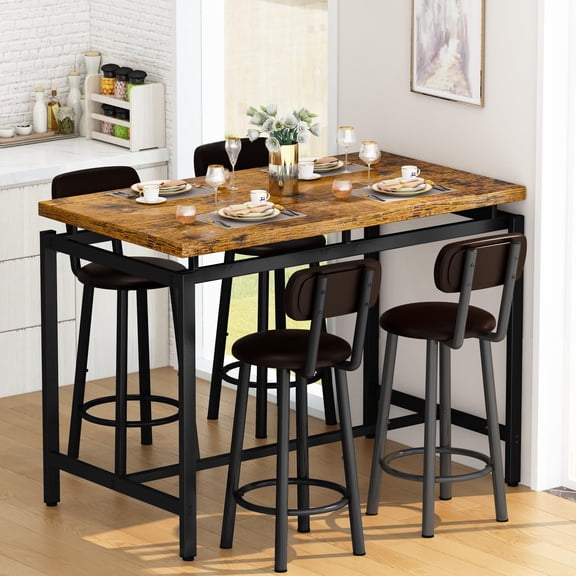 Baxluxe Bar Dining Table Set for 4 Industrial Pub Table and Chairs, Kitchen Counter Height Table & 4 PU Leather Upholstered Stools with Backrest Space-Saving Dining Room Table Set for Small Space