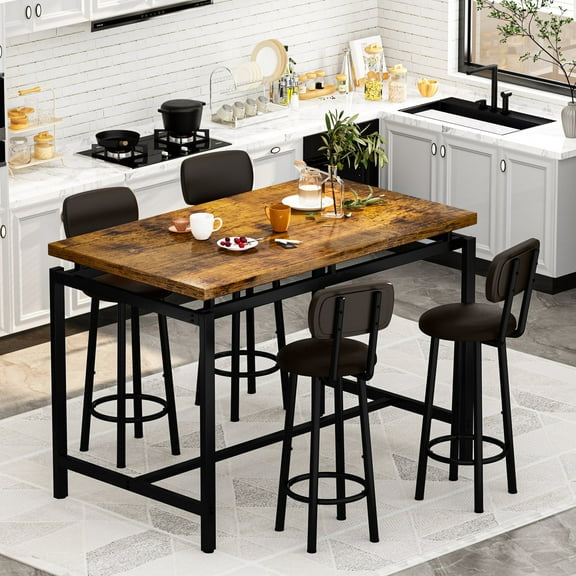 Baxluxe Bar Table Set for 4, Rectangular Kitchen Table with 4 PU Leather Upholstered Backrest Dining Chairs, Wooden Counter Height Dining Table Set for Pub, Apartment, Rustic Brown