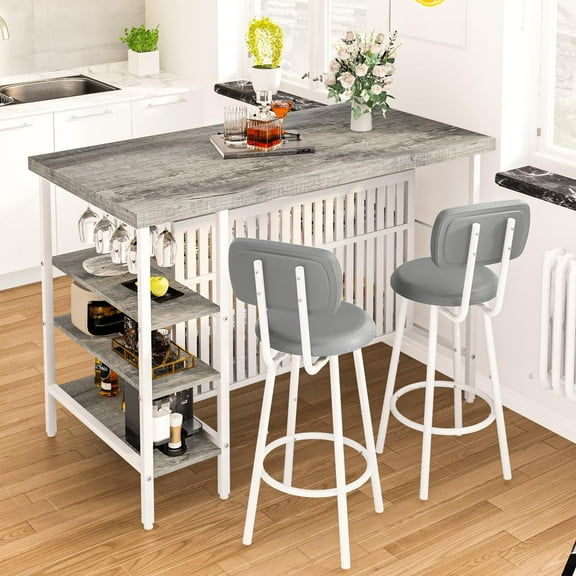 BAXLUXE Dining Table Set For 2, 3 Pieces Kitchen & Dining Room Sets,Kitchen Table, Bar Table Set with Storage,Small Table and Chairs,Height Kitchen Dining Set Table and Chairs Set, Gray