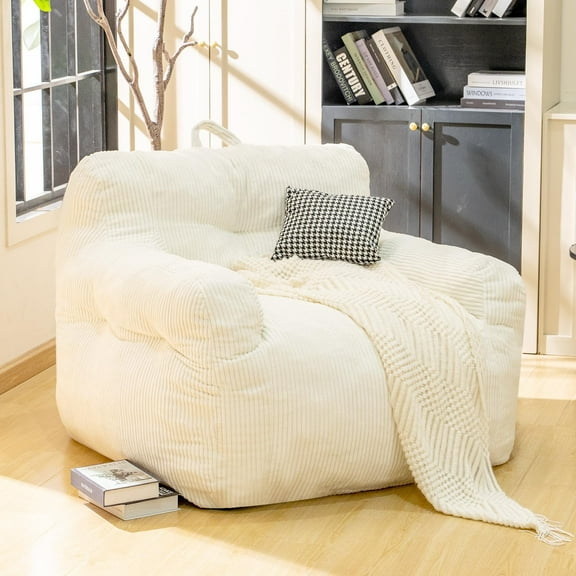 Baxluxe Bean Bag Chair for Adults - Faux Fur, Fluffy and Comfy with Filler, Big Sofa for Reading, Gaming (Beige, Oversize)
