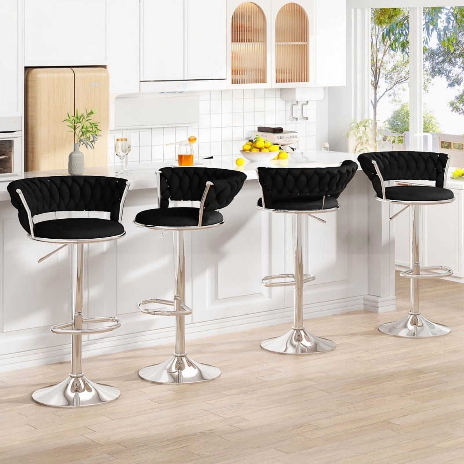 Baxluxe Velvet Bar Stools Set of 4, 4 Pieces 360-Degree Swivel Bar Chairs, Adjustable Counter Height Dining Chairs, Metal Base Kitchen Island Chairs, High Stool Pub Chairs for Kitchen Island, Black