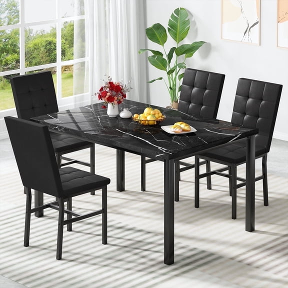 Baxluxe Marble Dining Table Set for 4, Faux Marble Kitchen Table and Chairs Set, 4-Person Dinette Sets with 4 Tufted Leather Dining Chairs, Rectangular Dining Room Set for Breakfast Nook, Black