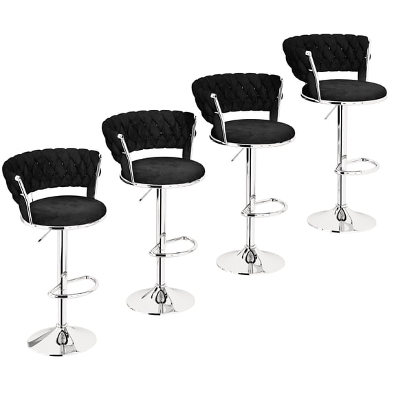 Baxluxe Black Velvet Bar Stools Set of 4 - Adjustable Height Swivel Kitchen Stools with Low Back for Dining Room, Breakfast Bar, Home Decor, and Entertaining Guests