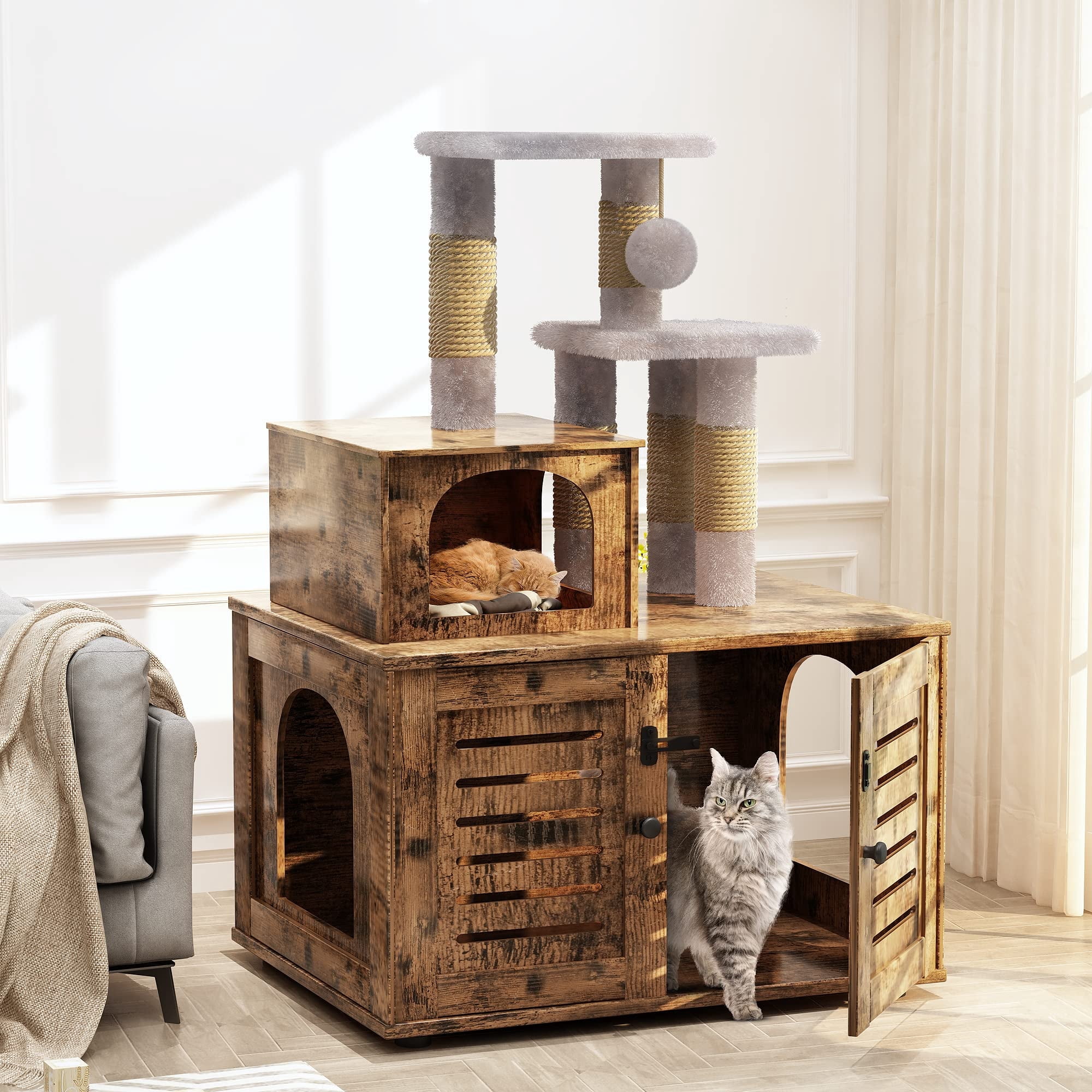 Baxluxe Cat Litter Box Enclosure with Cat Tree, Hidden Cat Washroom Furniture with Divider, Wooden Cat House with Platform, Scratching Post and Soft Plush Perch, Indoor Pet Cabinet, Brown