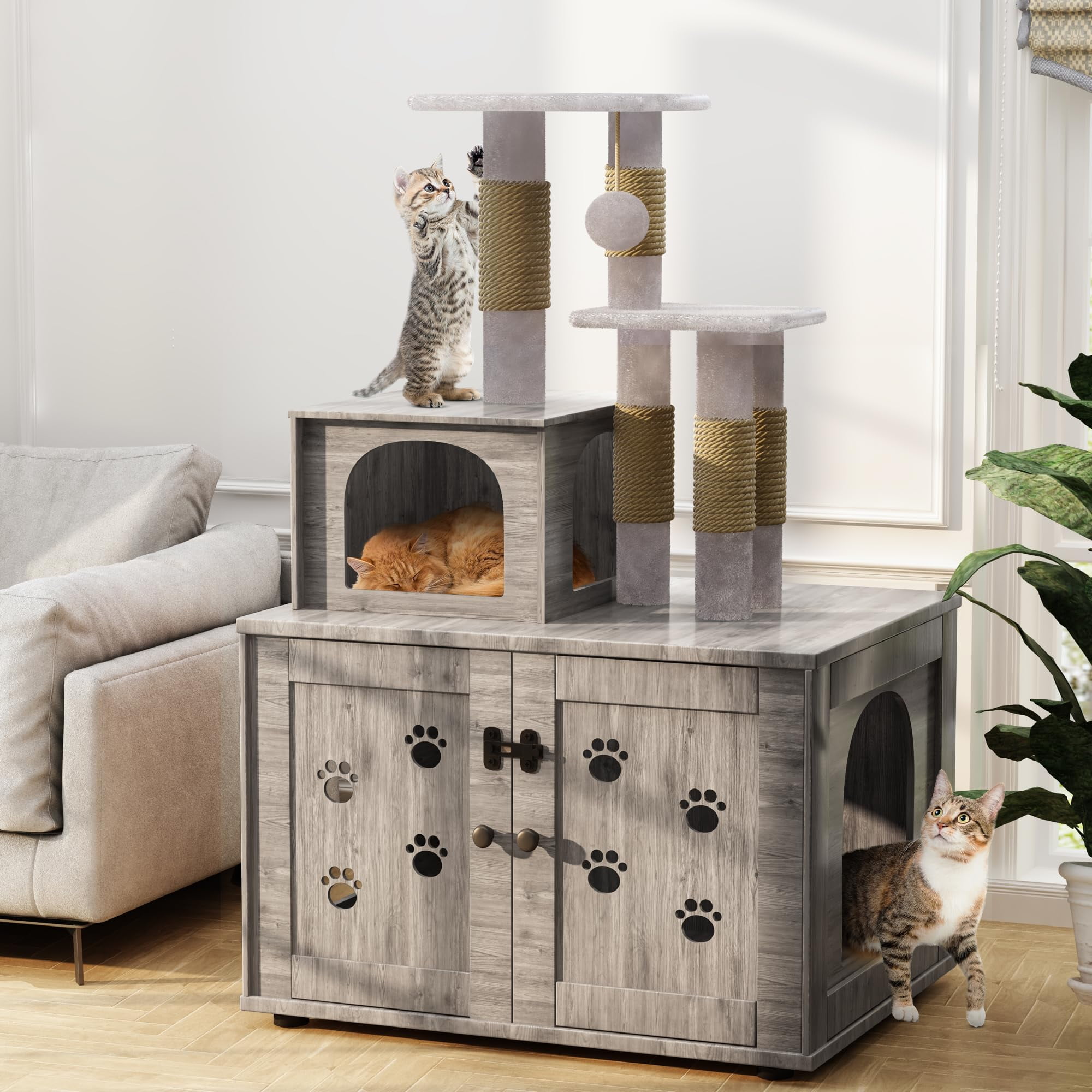 Baxluxe Cat Litter Box Enclosure with Cat Tree, Hidden Cat Washroom Furniture with Divider, Wooden Cat House with Platform, Scratching Post and Soft Plush Perch, Indoor Pet Cabinet, Gray