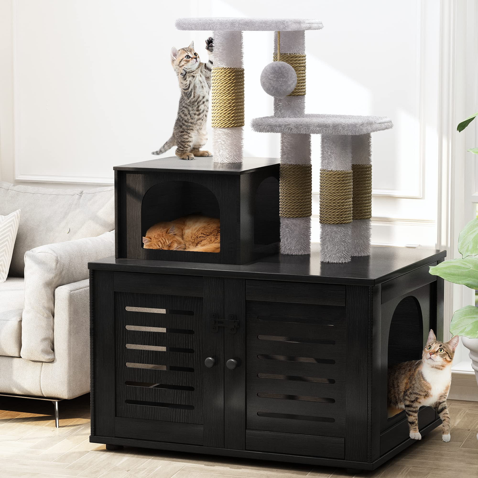 Baxluxe Cat Litter Box Enclosure with Cat Tree, Hidden Cat Washroom Furniture with Divider, Wooden Cat House with Platform, Scratching Post and Soft Plush Perch, Indoor Pet Cabinet, Black