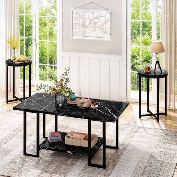 Baxluxe Coffee Table Set of 3, Faux Marble Coffee Table with 2 Round End Side Tables, Modern Living Room Table Set with Metal Frame for Apartment Home Office Small Place, Black