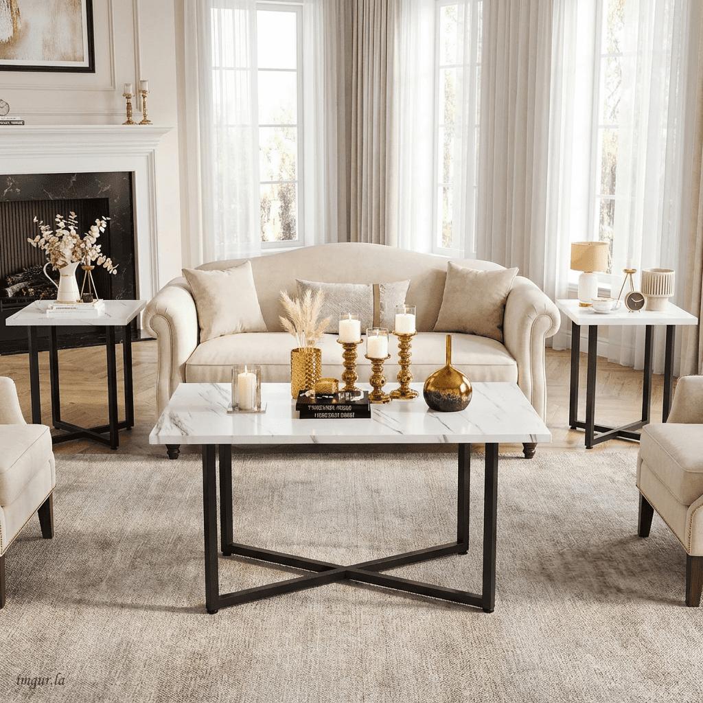 Baxluxe Coffee Table Set 3 Piece for Living Room,1 Coffee Table and 2 End Tables Sets,Modern Coffee Table and Side Table Set with Metal Frame for Apartment Home Office, White