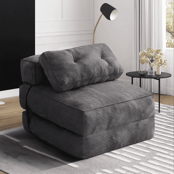 Baxluxe Corduroy Sofa Bed with Pillow, Single Seater Folding Sleeper Sofa Bed with Back Support, Convertible Lounger Chair, Foldable Couch Sofa Bed for Living Room, Bedroom, Dark Gray