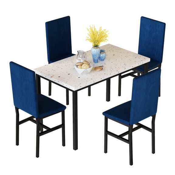 Baxluxe Counter Height Dining Table Set for 4, White Faux Marble Rectangle Kitchen Table with 4 Upholstered High Back Chairs, Black Metal Frame, Small Space Dining Set Blue