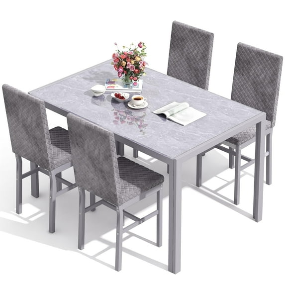 Baxluxe Dining Set for 4, Modern 5-Piece Dining Table Set, Metal Glass Dining Table and 4 PU Leather Upholstered Chairs for Apartments, Dining Rooms, Small Spaces, Gray