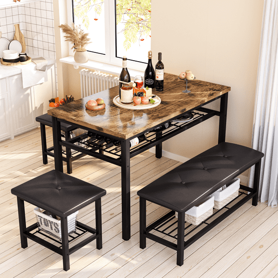 Baxluxe Dining Table Set for 4 Bench Set with Storage, Rectangle Kitchen Table Set for 4, Modern Kitchen Table and Chairs Set with Leather Bench, 4 Pieces Dining Room Set for Small Space, Brown