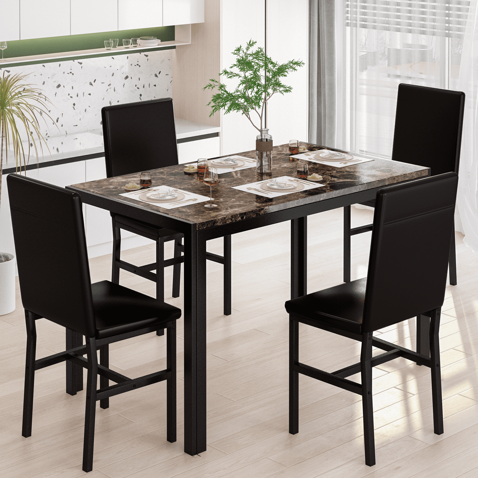 Baxluxe Marble Dining Table Set for 4, Faux Marble Rectangle Kitchen ...