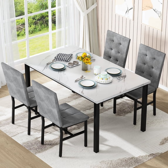 Baxluxe 4-Person Dining Table Set for 4, 5 Pieces Faux Marble Kitchen Table and Chairs Set, Rectangle Dining Table with 4 Tufted Velvet Dining Chairs, Modern Dinette Set for Breakfast Nook, Gray