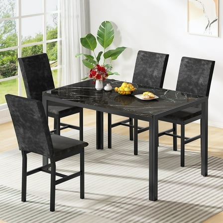 Baxluxe 4-Person Dining Table and Chairs Set, Faux Marble Kitchen Table with 4 Velvet Dining Chairs, Rectangle Dining Table Set for 4, 5 Pieces Dinette Set for Breakfast Nook, Apartment, Black