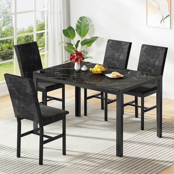 Baxluxe 4-Person Dining Table and Chairs Set, Faux Marble Kitchen Table with 4 Velvet Dining Chairs, Rectangle Dining Table Set for 4, 5 Pieces Dinette Set for Breakfast Nook, Apartment, Black