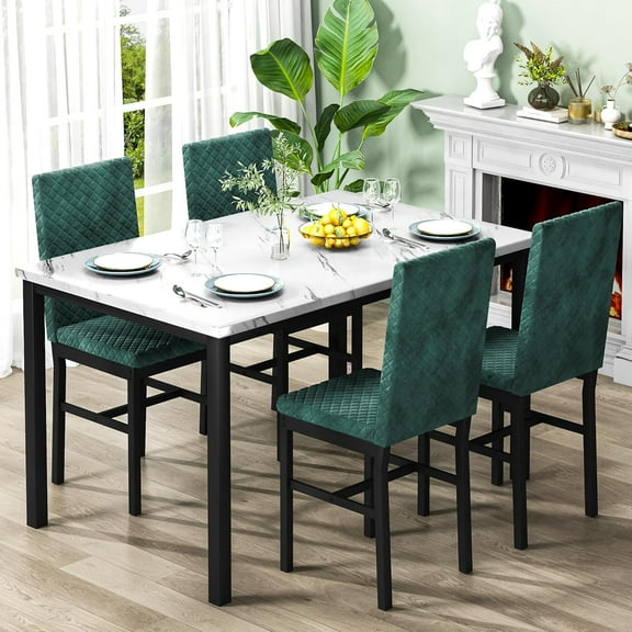 Baxluxe Dining Table Set for 4, Modern 5 Piece Dining Table Set, Faux Marble Kitchen Table and 4 Velvet Upholstered Chairs for Apartments, Dining Rooms, Small Spaces, Green   White