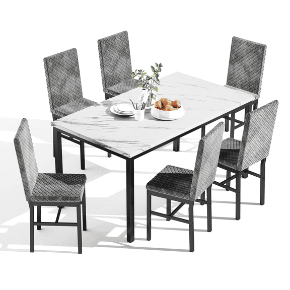 Baxluxe Marble Dining Table Set for 6, 7 Pieces Faux Marble Kitchen Table and Chairs Set, 51.18 Inch Rectangle Dining Table with 6 Velvet Dining Chairs, Dinette Set for Big Family, White+Gray