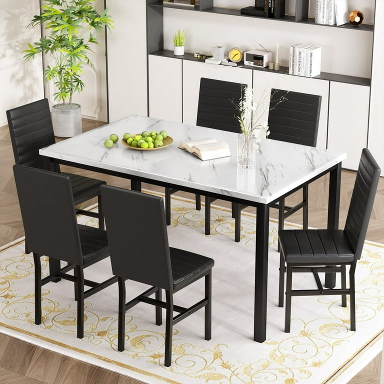 Baxluxe Dining Table Set for 6, Rectangle Faux Marble Kitchen