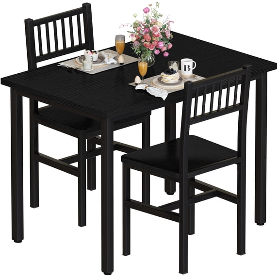 Baxluxe Dining Table Set, Rustic Kitchen Table and 2 Chairs with Metal Frame, Dining Room Dining Table Set, Small Space Breakfast Dining Table Set, Dining Room, Kitchen,Black
