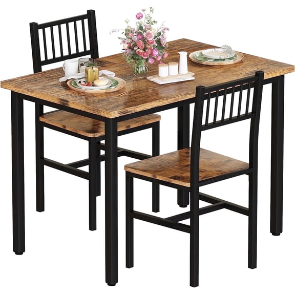 Baxluxe Dining Table Set, Rustic Kitchen Table and 2 Chairs with Metal Frame, Dining Room Dining Table Set, Small Space Breakfast Dining Table Set, Dining Room, Kitchen, Rustic Brown