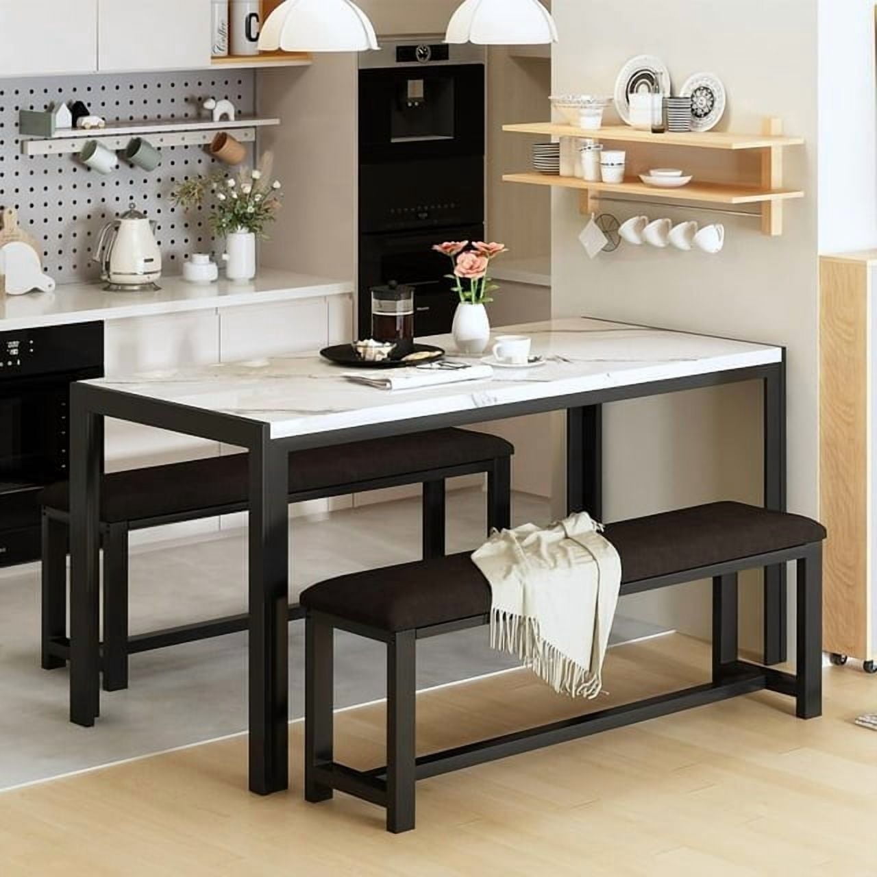 Baxluxe Dining table set with 2 benches, 4-6 person dining table set, 4 person dining table set, faux marble breakfast table set, and PU leather padded bench, suitable for small spaces, apartments