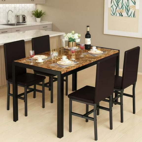 Baxluxe Dining table set for 4 with modern faux marble table top and 4 PU leather upholstered chairs, compact space saving dining table for apartment, kitchen, dining room, breakfast corner, brown