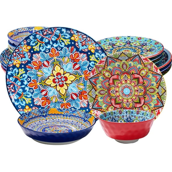 Baxluxe Dinnerware Sets of 4, 16 Pieces Bohemian Plates and Bowls Microwave and Dishwasher Safe, Scratch Resistant Plates and Bowls Set, Dinner Set for Salad, Pasta, Dessert,Steak, Appetizers