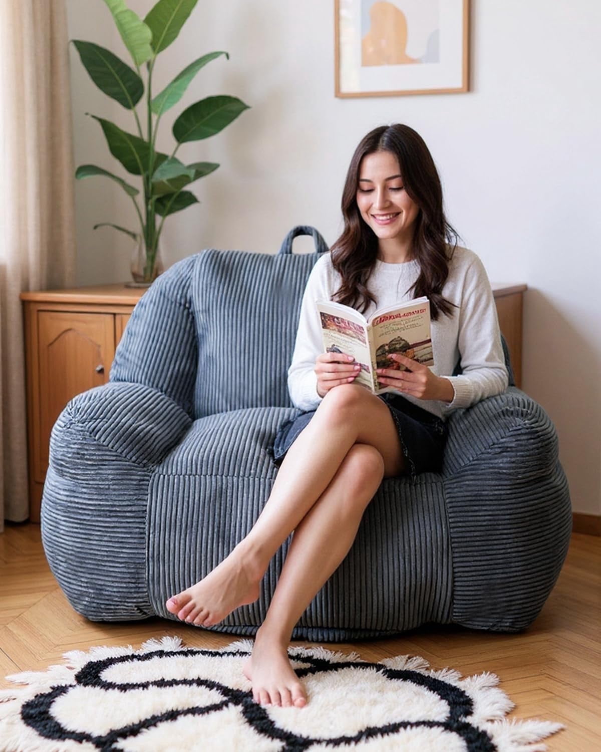 Baxluxe Ergonomic Bean Bag Chair for Adults, Faux Fur Fluffy Sofa Chair ...