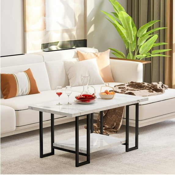 Baxluxe Long Coffee Table with Storage Tea Table Rectangle Coffee Table for Living Room,Faux Marble Sofa Table 2-Tier Storage Center Table,Table Modern Coffee Table,SWhite & Black