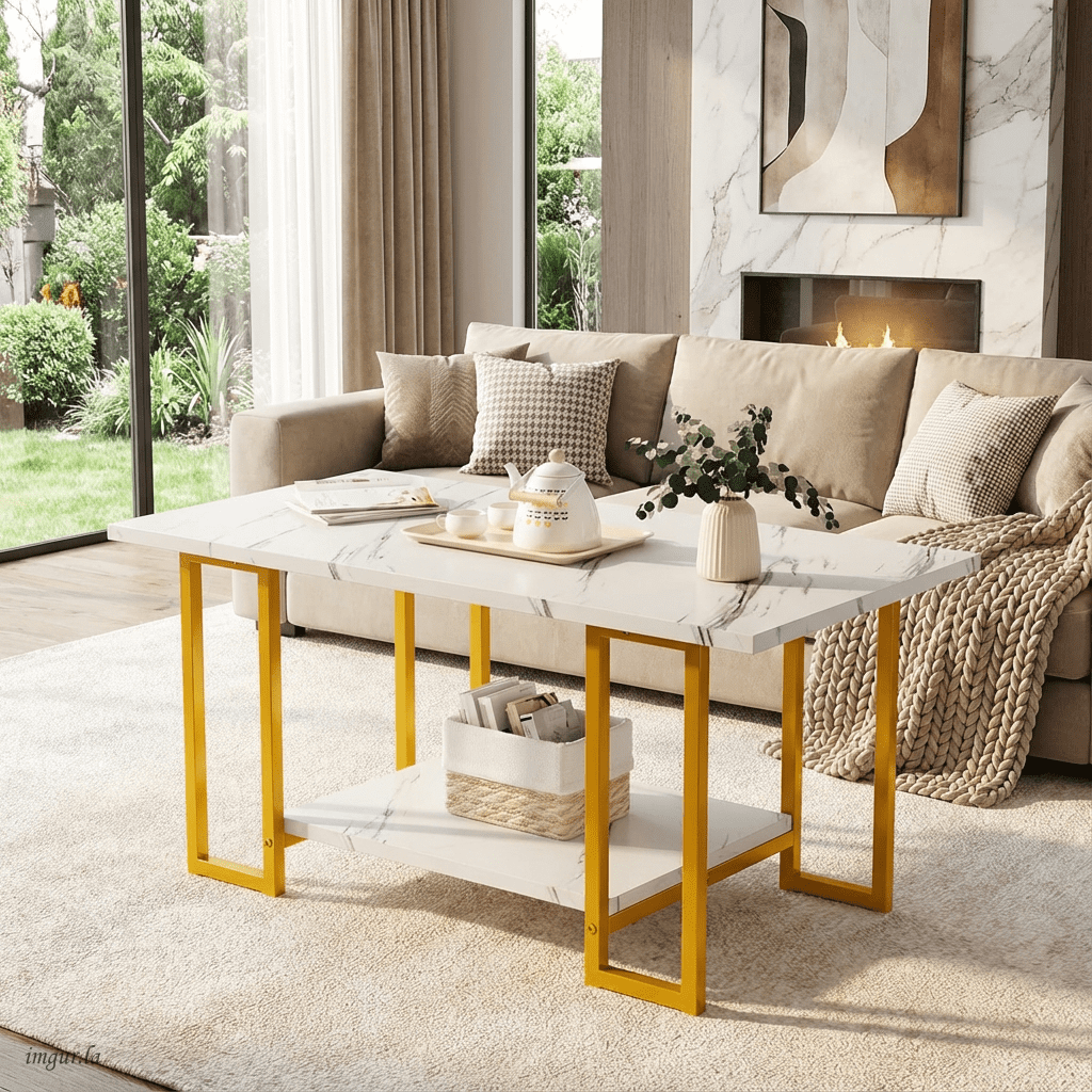 Baxluxe Coffee Table for Living Room Rectangle Tea Table,Faux Marble Sofa Table 2-Tier Storage Center Table,Table Modern Coffee Table,Small Cocktail Tables,White & Gold