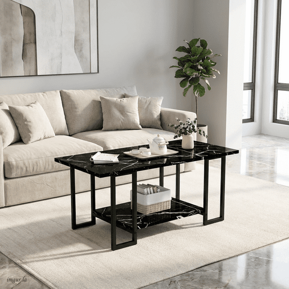 Baxluxe Living Room Coffee Table Tea Table Rectangle Coffee Table ,Faux Marble Sofa Table 2-Tier Storage Center Table,Table Modern Coffee Table,Small Cocktail Tables,Black