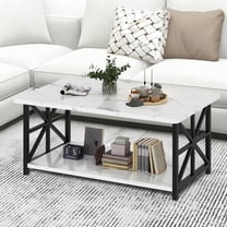Baxluxe Faux Marble Coffee Table with Storage Shelves, 2-Tier Storage Rectangular Living Room Center Table, Metal Base Sturdy Modern Coffee Tea Table for Living Room, Apartment, Office, White
