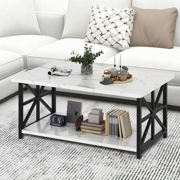 Baxluxe Faux Marble Coffee Table with Storage Shelves, 2-Tier Storage Rectangular Living Room Center Table, Metal Base Sturdy Modern Coffee Tea Table for Living Room, Apartment, Office, White