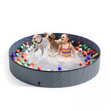 Baxluxe Foldable Portable Kid Pool for Kids and Pets, Outdoor Kiddie Pool with Hard Plastic, Portable Non-Slip Dog Bath Tub, Collapsible Dog Swimming Pool for Kids (Gray, 63" x 12")