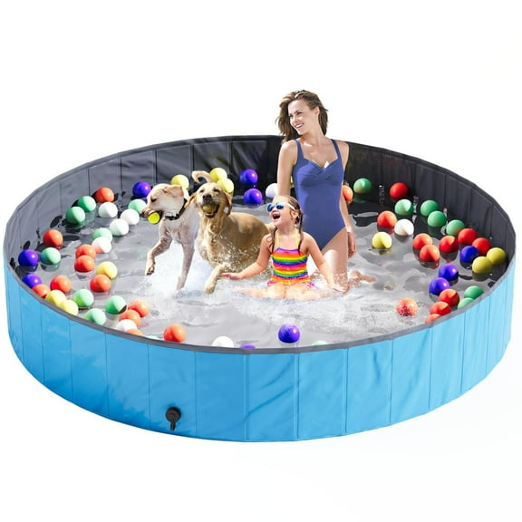 Baxluxe Foldable Portable Kid Pool for Kids and Pets, Outdoor Kiddie Pool with Hard Plastic, Portable Non-Slip Dog Bath Tub, Collapsible Dog Swimming Pool for Kids (Blueness, 79" x 12")