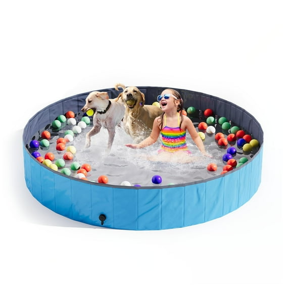 Baxluxe Foldable Portable Kid Pool for Kids and Pets, Outdoor Kiddie Pool with Hard Plastic, Portable Non-Slip Dog Bath Tub, Collapsible Dog Swimming Pool for Kids (Blueness, 63" x 12")