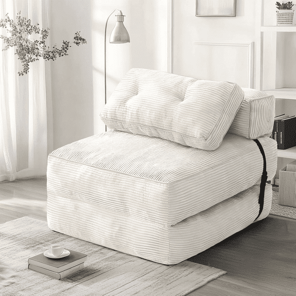 Baxluxe Foldable Sofa Bed with Pillow, Corduroy Convertible Sleeper Chair with Back Support, Single Seater Folding Couch Lounger Chair, Leisure Sofa Bed for Living Room, Bedroom, White