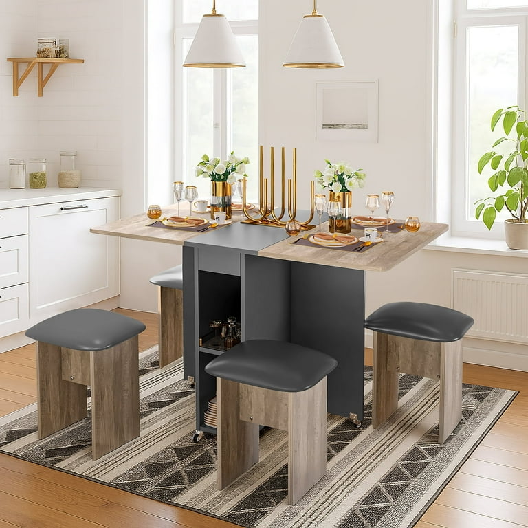 Baxluxe Folding Dining Table Set for 4, Extendable Kitchen Table