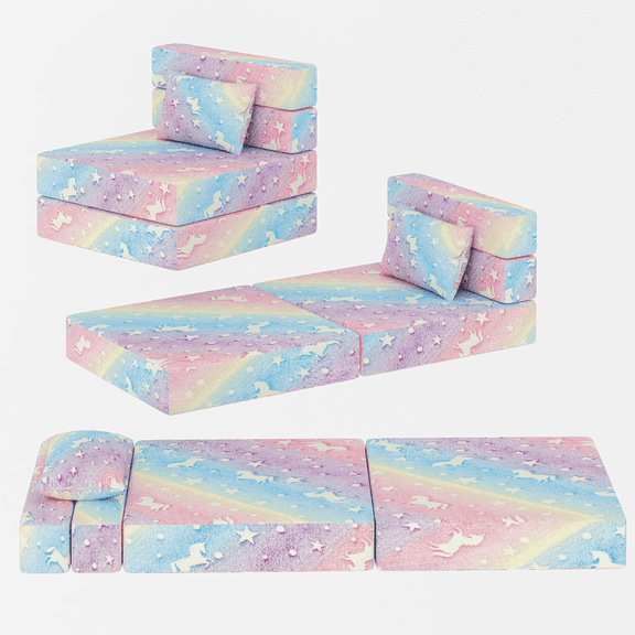 Baxluxe Glow in The Dark Cartoon Kids Sofa Bed, 3-in-1 Tri-Fold Folding Floor Mattress & Chair, Portable Futon with Pillow for Playroom, Gift for Girls and Boys, Rainbow Unicorn