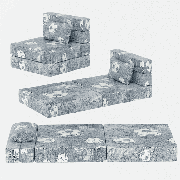 Baxluxe Glow in The Dark Cartoon Kids Sofa Bed, 3-in-1 Tri-Fold Folding Floor Mattress & Chair, Portable Futon with Pillow for Playroom, Machine Washable Cover, Gift for Girls and Boys, Gray Soccer