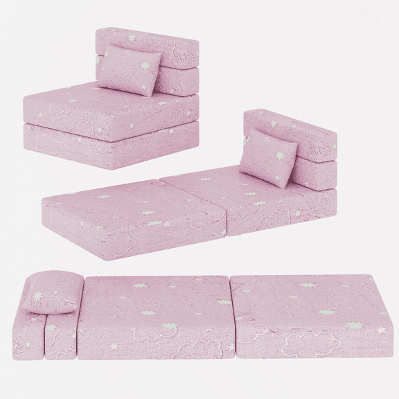 Baxluxe Glow in The Dark Cartoon Kids Sofa Bed, 3-in-1 Tri-Fold Folding Floor Mattress & Chair, Portable Futon with Pillow for Playroom, Machine Washable Cover, Gift for Girls and Boys, Pink Cloud