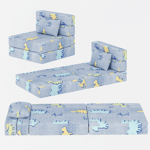 Baxluxe Glow in The Dark Cartoon Kids Sofa Bed, 3-in-1 Tri-Fold Folding Floor Mattress & Chair, Portable Futon with Pillow for Playroom, Machine Washable Cover, Gift for Girls and Boys, Blue Dinosaur