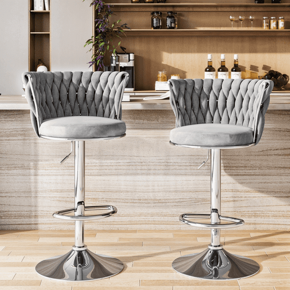 Baxluxe Gray Bar Stools Set of 2, Swivel Velvet Counter Height Bar Chairs Pub Stools, Adjustable High Stools Bar Chairs with Footrest, Island Stools Bar Height Chairs for Kitchen Island, Pub, Office