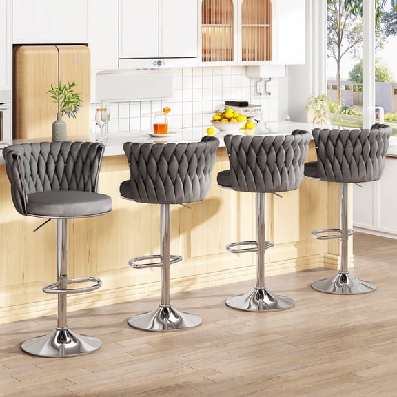 Baxluxe Swivel Bar Stools Set of 4, Height Adjustable Velvet Bar Chair with Footrest, Woven Counter Height Island Stools, Pub Style Chairs for Kitchen Island, Pub, Dining Room, Office, Gray
