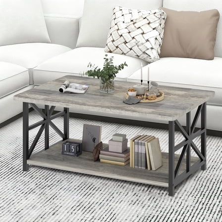 Baxluxe Gray Coffee Table for Living Room, Rectangular Wooden Coffee Table with Storage Shelves, 2-Tier Storage Center Table with Metal Base, Tea Table for Small Space, Apartment, Office