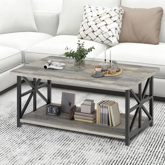 Baxluxe Gray Coffee Table for Living Room, Rectangular Wooden Coffee Table with Storage Shelves, 2-Tier Storage Center Table with Metal Base, Tea Table for Small Space, Apartment, Office
